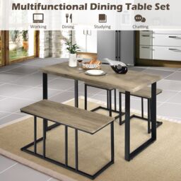 Costway 4PCS Industrial Dining Table & Chair Set Kitchen Furniture Table Bench 2 Stools in Grey - thumbnail 5