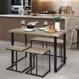 Costway 4PCS Industrial Dining Table & Chair Set Kitchen Furniture Table Bench 2 Stools in Grey - thumbnail 3