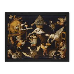"Artery8 Wall Art Print Master Egg Grotesque Animals Cats Birds Painting Large Framed Wall Décor Art in Light Oak - Size: W18"" x H24""" - thumbnail 1