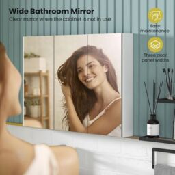 Costway Wall-Mounted Bathroom Mirror Cabinet 3 Door Storage Cupboard Adjustable Shelves in White - thumbnail 9