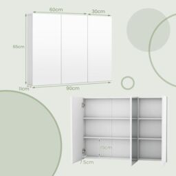 Costway Wall-Mounted Bathroom Mirror Cabinet 3 Door Storage Cupboard Adjustable Shelves in White - thumbnail 2