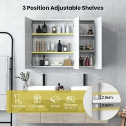 Costway Wall-Mounted Bathroom Mirror Cabinet 3 Door Storage Cupboard Adjustable Shelves in White - thumbnail 5