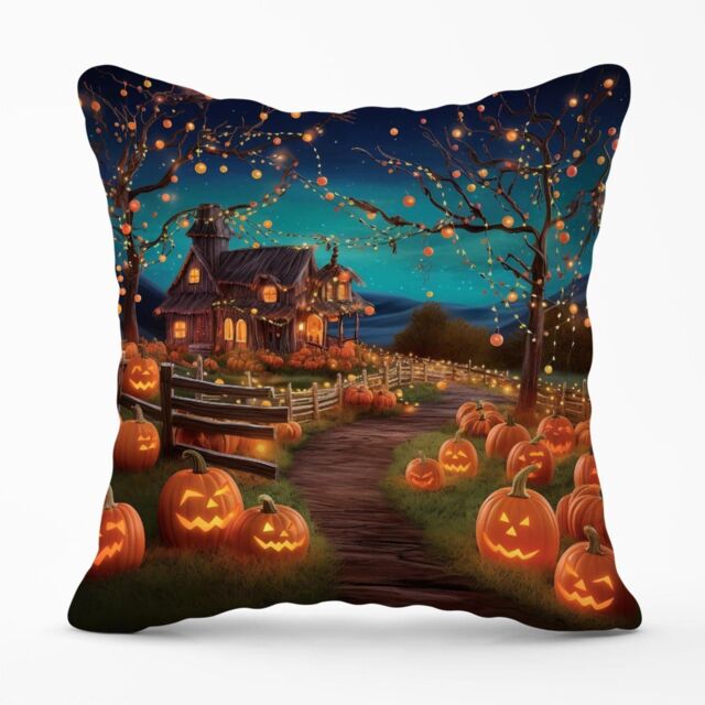 Warren Reed - Designer Enchanted Hallowen Pumpkin Patch Outdoor Cushion in Orange - Size: 60 cm x 60 cm - image 1