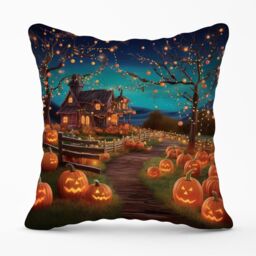 Warren Reed - Designer Enchanted Hallowen Pumpkin Patch Outdoor Cushion in Orange - Size: 60 cm x 60 cm - thumbnail 1