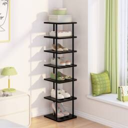 Huhote 7-Tier Narrow Shoe Rack with Metal Frame Shoe Stand Small Spaces in Black