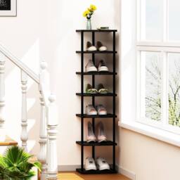 Huhote 7-Tier Narrow Shoe Rack with Metal Frame Shoe Stand Small Spaces in Black - thumbnail 3