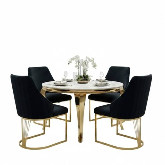 HOME LUXE INTERIOR Sofia 150cm Cream Gold Marble Dining Table & 4 Lasco Black Gold Chairs - image 1