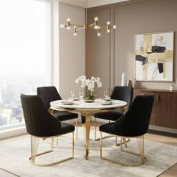 HOME LUXE INTERIOR Sofia 150cm Cream Gold Marble Dining Table & 4 Lasco Black Gold Chairs - thumbnail 3