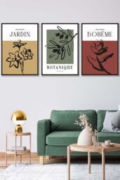 ARTZE Set of 3 Black Framed Minimalist Sketch Leaves Flowers Yellow Red Green Wall Art - Size: W33 cm x H45 cm x D20mm - thumbnail 1