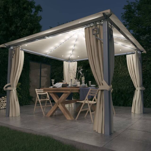 Berkfield Home Gazebo with Curtain&LED String Lights 3x3 m Cream Aluminium in Beige - image 1