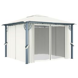 Berkfield Home Gazebo with Curtain&LED String Lights 3x3 m Cream Aluminium in Beige - thumbnail 5