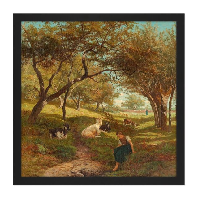 "Artery8 Wall Art Print Bilders The Goatherdess Farm Goat Painting Square Framed Picture 16X16 Inch in Black - Size: W16"" x H16""" - image 1