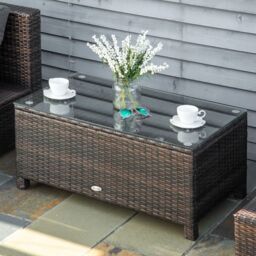 OUTSUNNY Garden Rattan Side Table, Wicker Coffee Desk, Glass Top in Brown - thumbnail 1