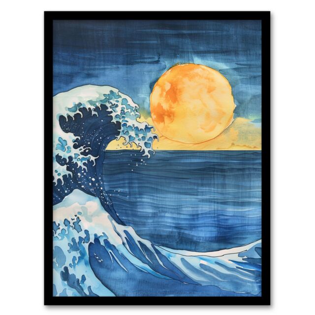 "Artery8 The Great Wave Sunrise Seascape Watercolour Framed Art Print in Blue - Size: W12"" x H16""" - image 1