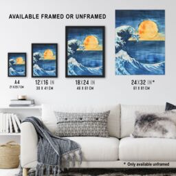 "Artery8 The Great Wave Sunrise Seascape Watercolour Framed Art Print in Blue - Size: W12"" x H16""" - thumbnail 3