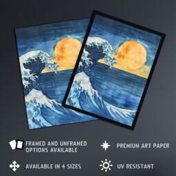 "Artery8 The Great Wave Sunrise Seascape Watercolour Framed Art Print in Blue - Size: W12"" x H16""" - thumbnail 2