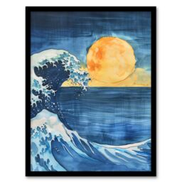 "Artery8 The Great Wave Sunrise Seascape Watercolour Framed Art Print in Blue - Size: W12"" x H16""" - thumbnail 1