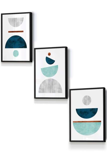 ARTZE Teal, Mint Green & Grey Abstract Mid Century Geometric Framed Wall Art - Small in Black - Size: W33 cm x H45 cm x D20mm - image 1