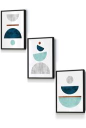 ARTZE Teal, Mint Green & Grey Abstract Mid Century Geometric Framed Wall Art - Small in Black - Size: W33 cm x H45 cm x D20mm