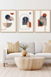 ARTZE Set of 3 Oak Framed Mid Century Terracotta, Beige & Navy Blue Arches Wall Art in Terracotta - Size: W33 cm x H45 cm x D20mm