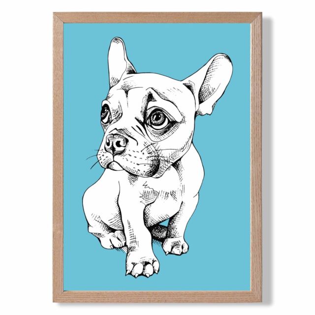 ARTZE Sketch French Bulldog on Bright Blue Framed Print SIZE: A2 with Oak Frame - Size: A4 - image 1