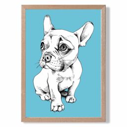 ARTZE Sketch French Bulldog on Bright Blue Framed Print SIZE: A2 with Oak Frame - Size: A4 - thumbnail 1