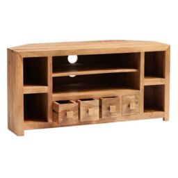 Indian Hub Toko Light Mango Corner TV Unit Open - L45 x W110 x H55 cm in Brown - thumbnail 2
