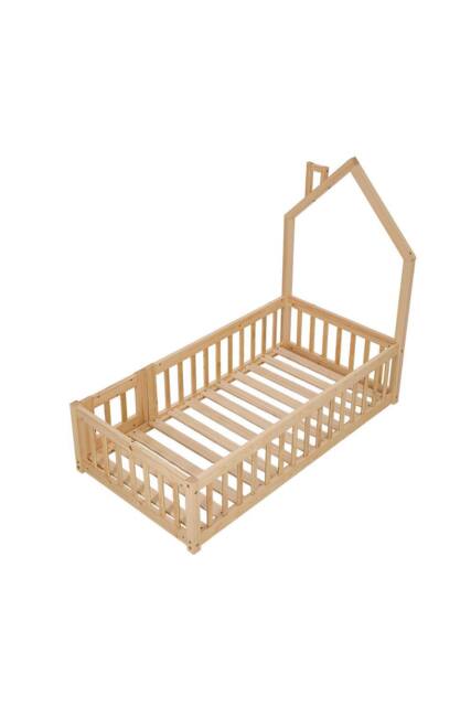 Living and Home House-Shaped Headboard Floor Bed Frame with Guardrails in Natural - image 1