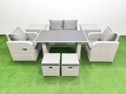 Fimous Outdoor Rattan Garden Furniture Dining Set 6-seater with 2 Side Tables in Light Grey - thumbnail 2
