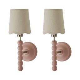 ValueLights Bobbins Pair of Pastel Wall Lights & Natural Linen Trim Lamp Shades in Pale Pink