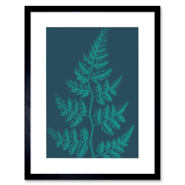 "Artery8 Wall Art Print Navy & Teal Fern Leaf Art Black Framed 9x7 inch - Size: W7"" x H9""" - image 1