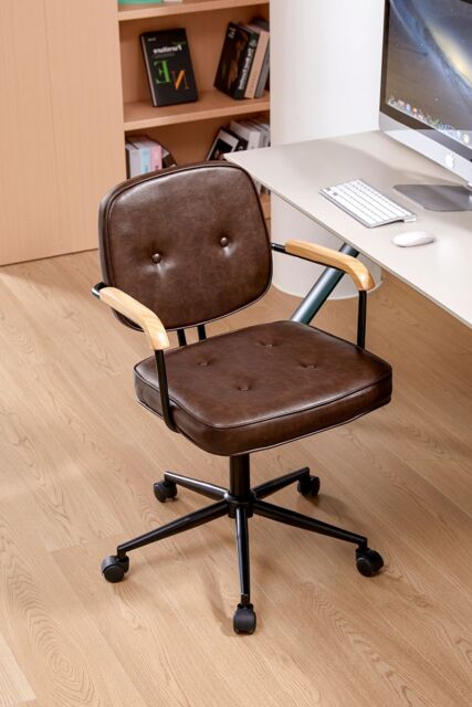 Living and Home Leather Office Chair with Wood Armrests in Brown - image 1