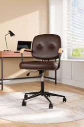 Living and Home Leather Office Chair with Wood Armrests in Brown - thumbnail 2
