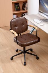 Living and Home Leather Office Chair with Wood Armrests in Brown