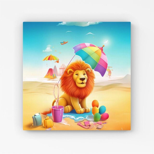 "Warren Reed - Designer Lion On A Beach Holiday Canvas in Yellow - Size: W30"" x H30""" - image 1