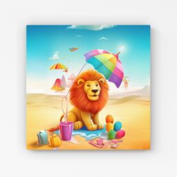 "Warren Reed - Designer Lion On A Beach Holiday Canvas in Yellow - Size: W30"" x H30""" - thumbnail 1