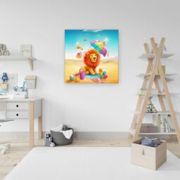 "Warren Reed - Designer Lion On A Beach Holiday Canvas in Yellow - Size: W30"" x H30""" - thumbnail 3