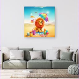 "Warren Reed - Designer Lion On A Beach Holiday Canvas in Yellow - Size: W30"" x H30""" - thumbnail 4