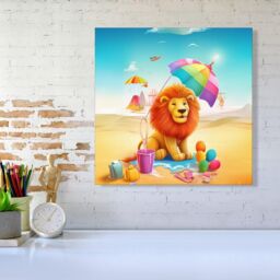 "Warren Reed - Designer Lion On A Beach Holiday Canvas in Yellow - Size: W30"" x H30""" - thumbnail 2