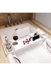 Living and Home Multifunction Expandable Bamboo Wooden Bathtub Caddy Tray in White