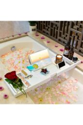 Living and Home Multifunction Expandable Bamboo Wooden Bathtub Caddy Tray in White - thumbnail 6