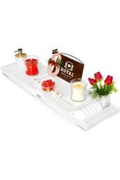 Living and Home Multifunction Expandable Bamboo Wooden Bathtub Caddy Tray in White - thumbnail 3