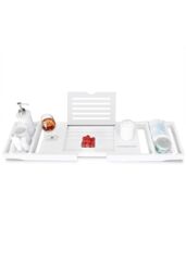 Living and Home Multifunction Expandable Bamboo Wooden Bathtub Caddy Tray in White - thumbnail 2