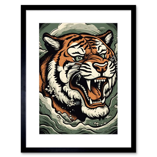 "Artery8 Wall Art Print Roaring Tiger Sea Waves Tattoo Ink Body Art Rockabilly Americana 50s Artwork Framed 9X7 Inch in Black - Size: W7"" x H9""" - image 1