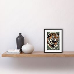 "Artery8 Wall Art Print Roaring Tiger Sea Waves Tattoo Ink Body Art Rockabilly Americana 50s Artwork Framed 9X7 Inch in Black - Size: W7"" x H9""" - thumbnail 2