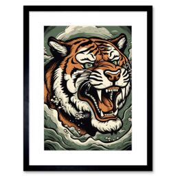 "Artery8 Wall Art Print Roaring Tiger Sea Waves Tattoo Ink Body Art Rockabilly Americana 50s Artwork Framed 9X7 Inch in Black - Size: W7"" x H9""" - thumbnail 1