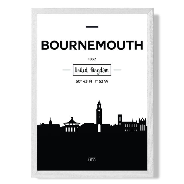ARTZE Bournemouth Black & White City Skyline Framed Print SIZE: A2 with White Frame - Size: A4 - image 1