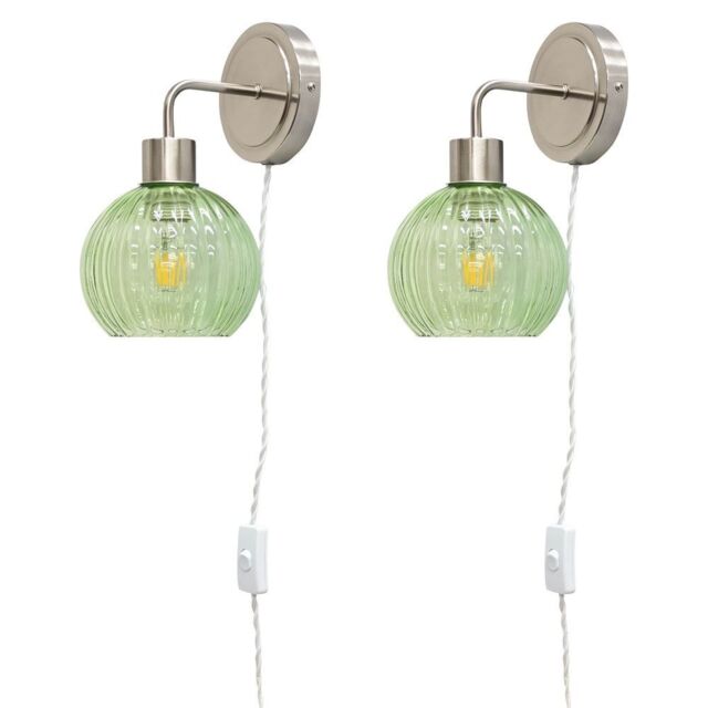 First Choice Lighting Set of 2 Toby - Satin Nickel Plug in Wall Lights Green Shades in Silver - image 1