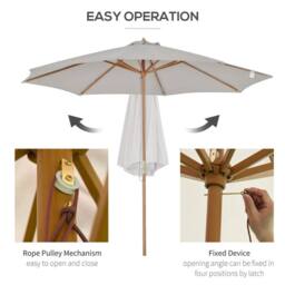 Nordara 3m Wooden Garden Parasol Outdoor Sun Shade in Grey - Size: 100 cm x 15 cm - thumbnail 6