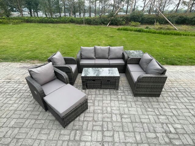 Fimous 10 Seater Outdoor Rattan Garden Furniture Set Rattan Lounge Sofa Set with Rectangular Coffee Table Side Table 3 Footstools Dark Grey Mixed - image 1